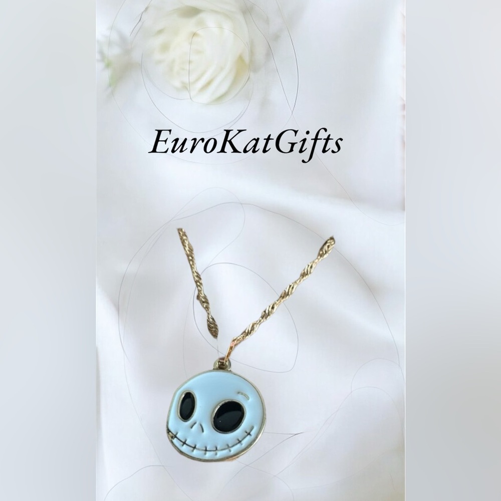 NEW Disney Gold-tone Jack Skellington Pendant Necklace White Black Enamel NWT